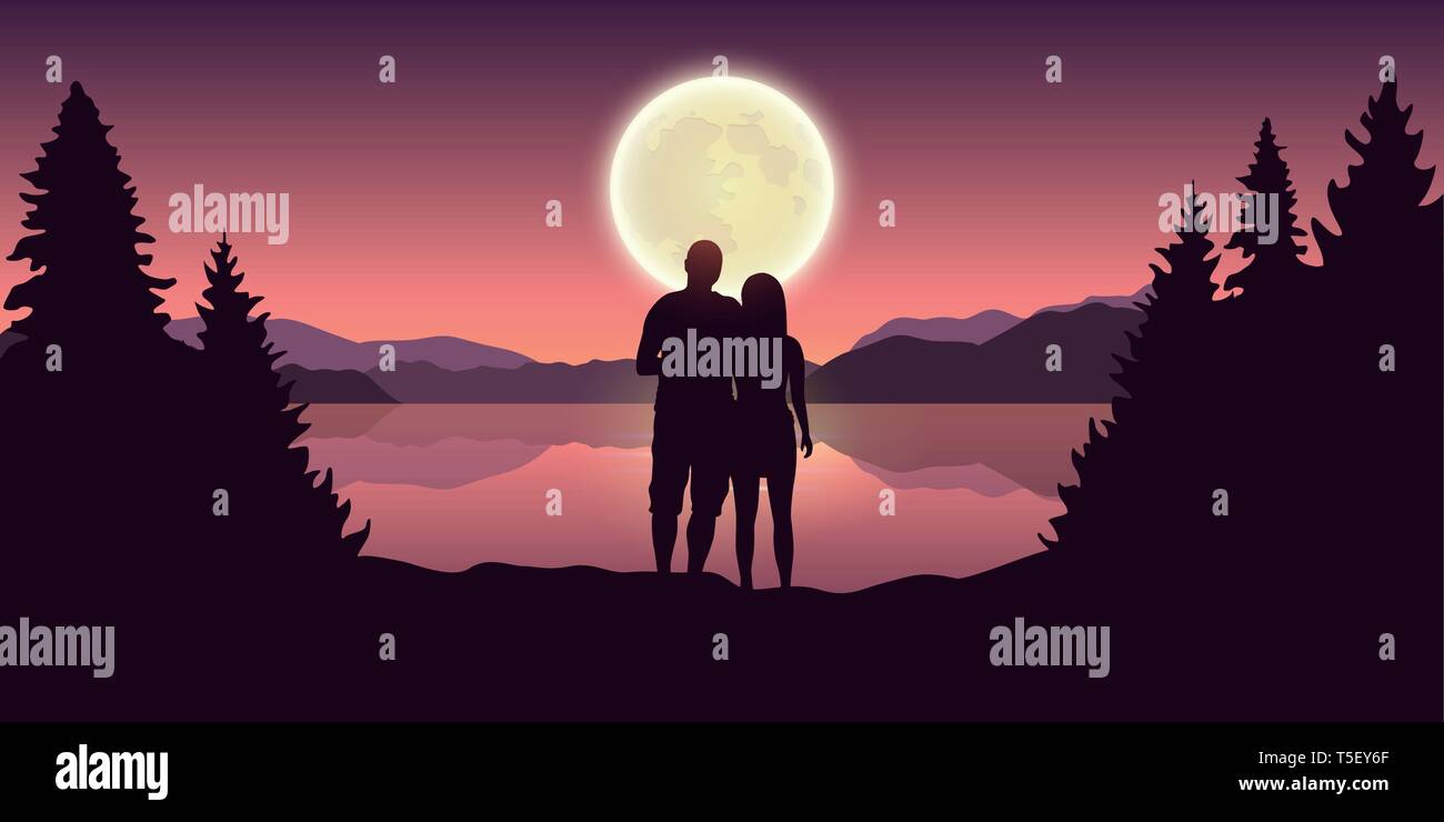 Jeune couple ressemble à la pleine lune au magnifique lac illustration vecteur EPS10 Illustration de Vecteur