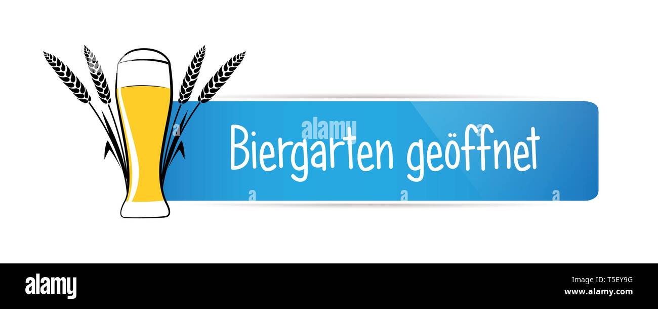 Jardin de bière allemande ouverte typographie étiquette bleue avec de la bière de froment isolé sur un fond blanc vector illustration EPS10 Illustration de Vecteur