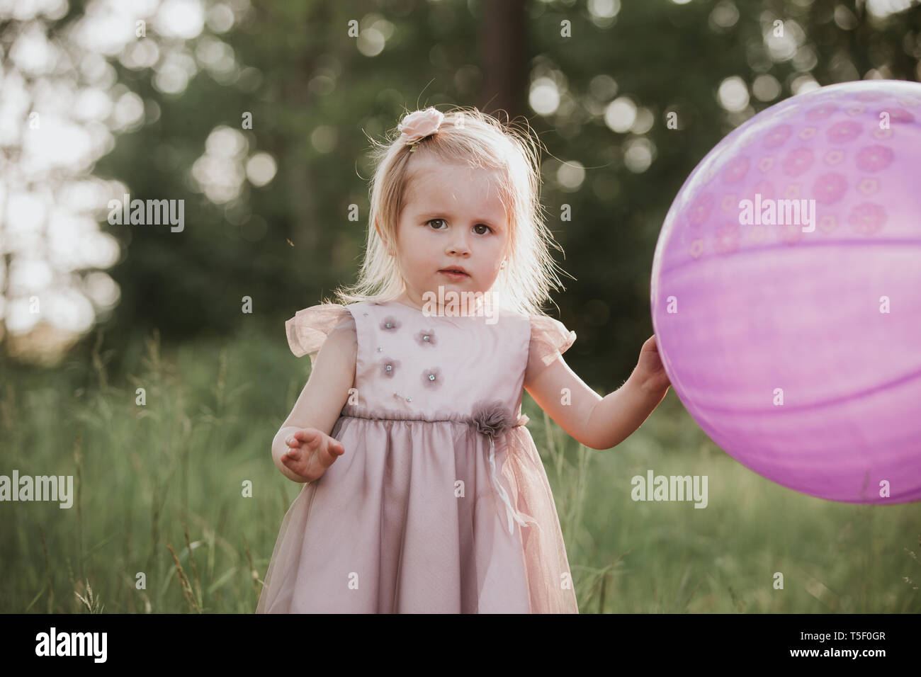 Bébé fille 2-5 ans élégant ancien holding big balloon wearing trendy robe  rose en prairie. Ludique. Fête d'anniversaire. Petite fille avec un ballon  dans les par Photo Stock - Alamy