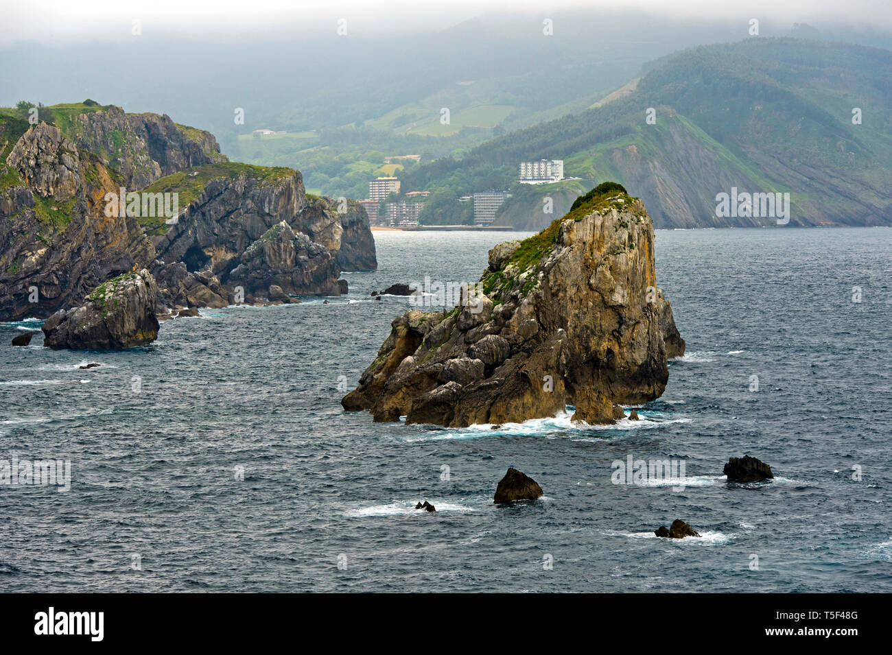 Rochers dans la mer au large de la falaise de la côte Costa Vasca, Golfe de Gascogne, Bakio, Pays Basque, Espagne Banque D'Images