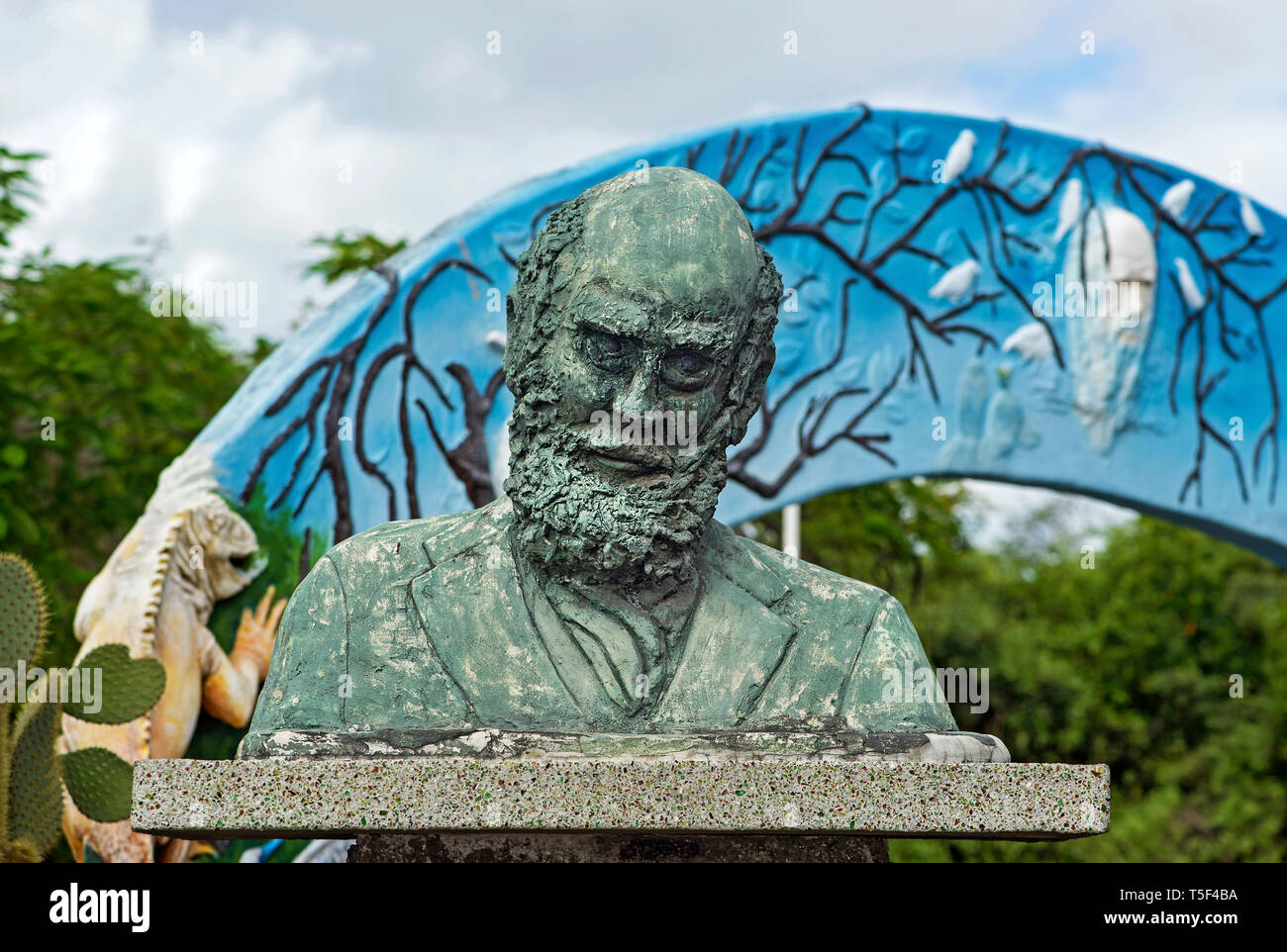 Buste en bronze de Charles Darwin par Gabriel Navas Vinelli, Puerto Ayora, Santa Cruz Island, îles Galapagos, Equateur Banque D'Images