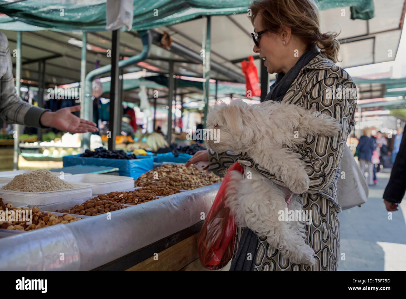 Zemun, Serbie, 19 avril 2019 : marché vert scène avec vendeur vente de noix & fruits séchés et lady tenant dans ses bras un petit chien Banque D'Images