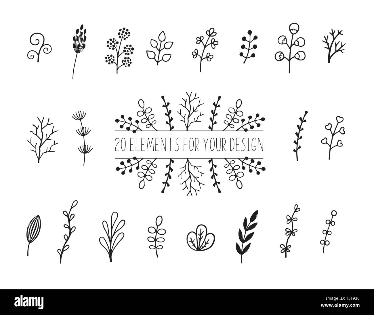 Jeu de fines herbes et fleurs. Éléments de botanique pour la conception sur un fond blanc. Croquis du feuillage, de la direction générale,feuilles, fruits rouges Illustration de Vecteur