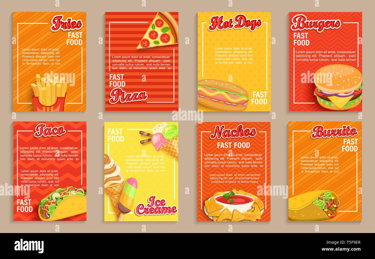 Grand ensemble de fast food shop flyers,bannières.Collection de frites, pizzas, hot-dog, hamburger et des nachos,burrito taco et glaces les pages de menu pour cafeteris,res Illustration de Vecteur