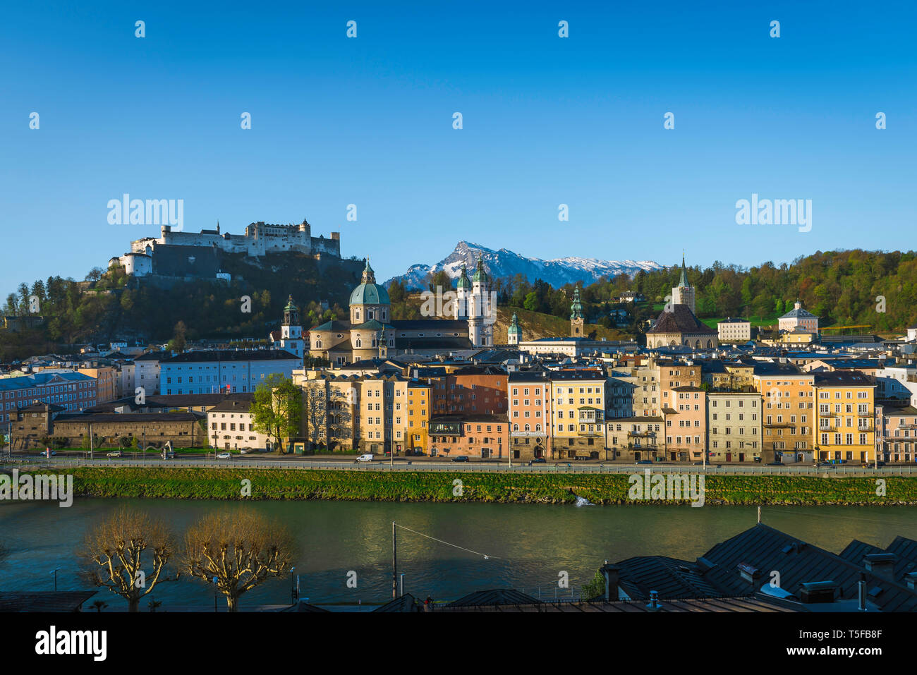 Salzburg Autriche, vue de la vieille ville historique de trimestre et château (Festung Hohensalzburg) de Salzbourg sur un matin d'été, en Autriche. Banque D'Images