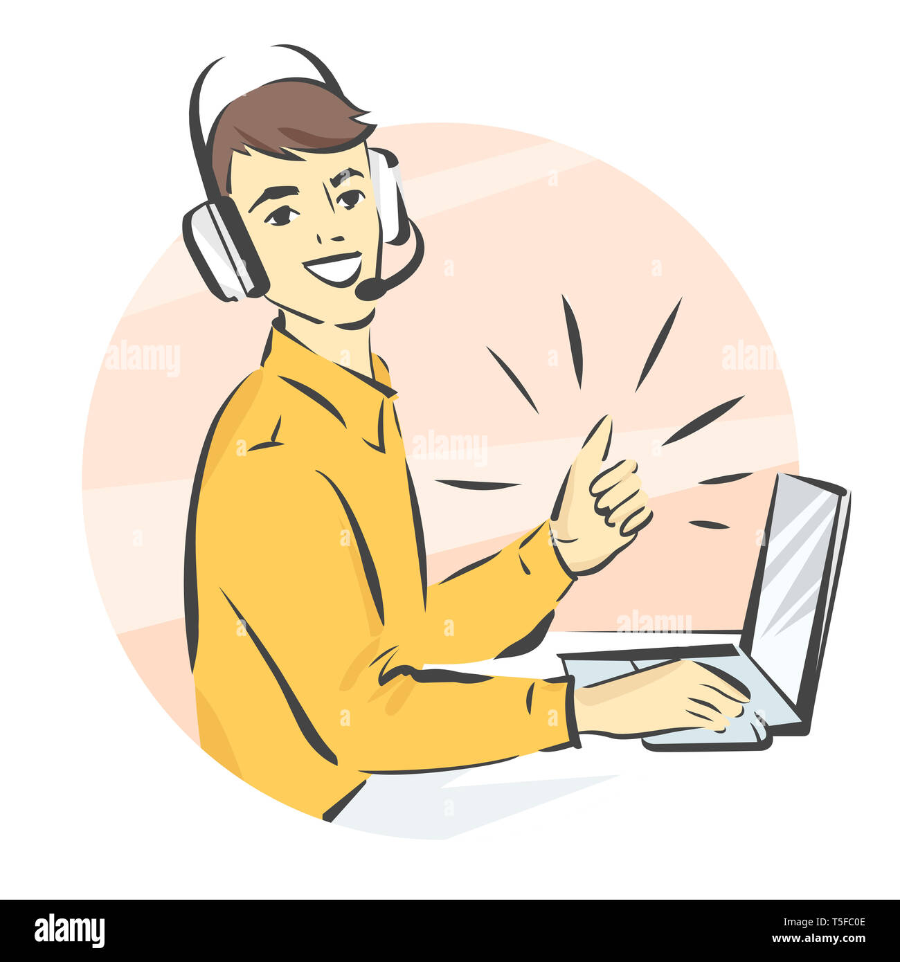 L'homme, un centre d'appel en mains-libres et casque working on laptop showing thumb up illustration isolé Banque D'Images