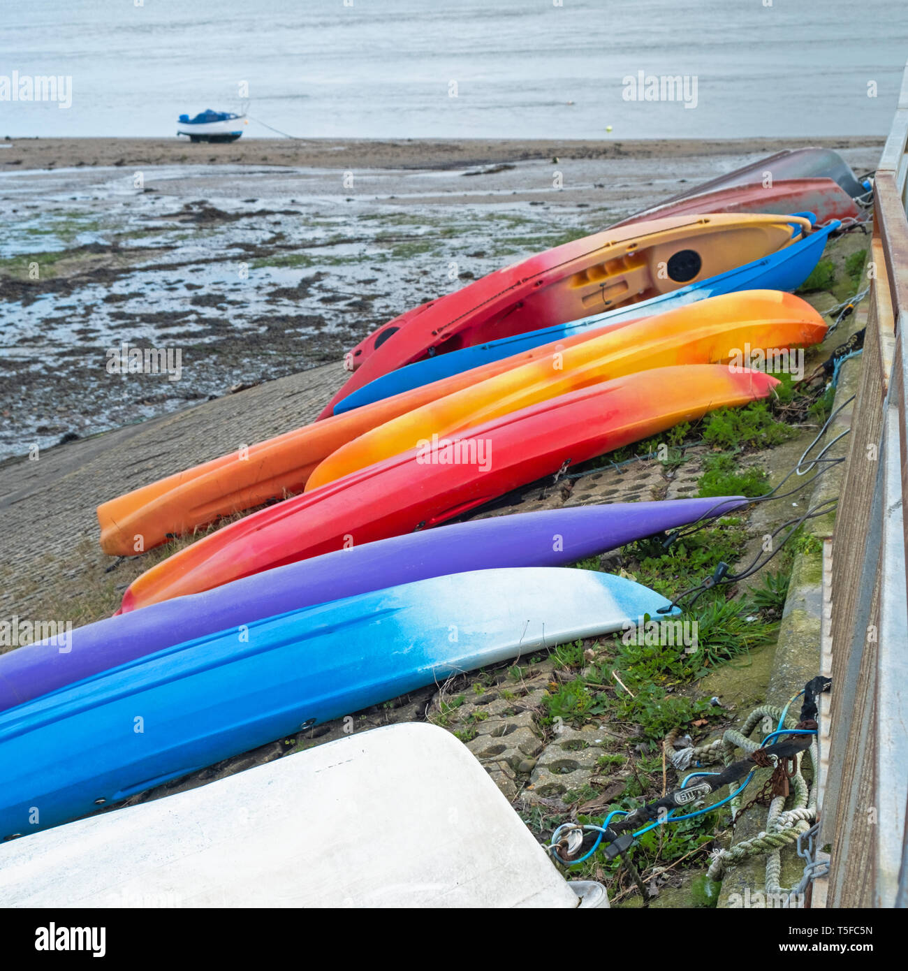 Kayaks sur un quai donnant sur la rivière Torridge dans le Nord du Devon UK Banque D'Images