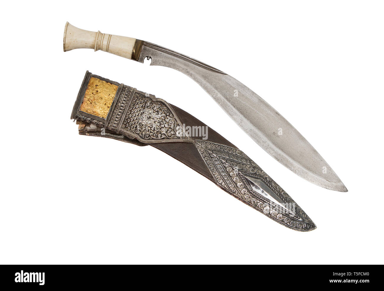 Le 19ème siècle couteau kukri du Népal avec dorure supports. Banque D'Images