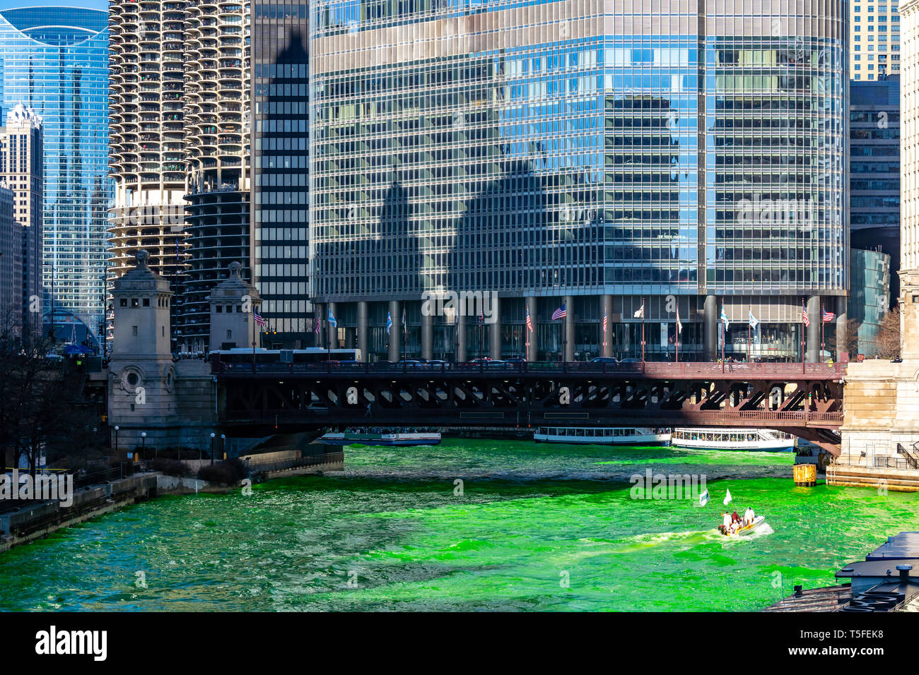 L'horizon de Chicago situé le long de la rivière de la teinture verte de la rivière Chicago sur le jour de la Saint Patrick festival à Chicago IL États-unis Banque D'Images