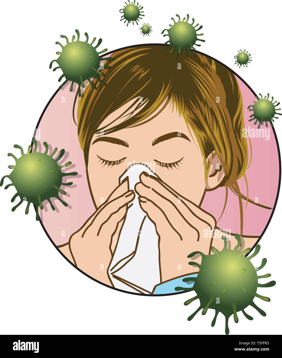 Une illustration médicale d'une fille touchée par le virus du rhume. Illustration de Vecteur