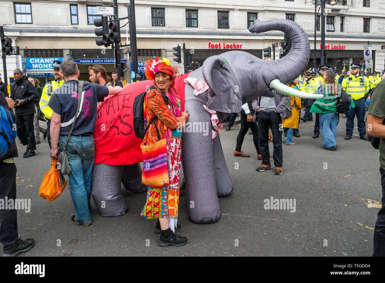 Londres, Royaume-Uni. 24 avril 2019. Les gens détiennent un éléphant à Marble Arch. La police a été suppression de personnes bloquant la rue Oxford, le dernier bloc de la route autour de Marble Arch cet après-midi. Certaines personnes ont été verrouillé sur et être soigneusement découpée par des officiers, tandis que d'autres assis tranquillement entouré par la police et a attendu d'être arrêté alors qu'une petite foule vu par plusieurs lignes d'agents de police a tenté de les amener à s'éloigner. Du Marble Arch la protestation a continué avec des tambours et de la danse, de la nourriture et des centaines de tentes. Peter Marshall/Alamy Live News Banque D'Images