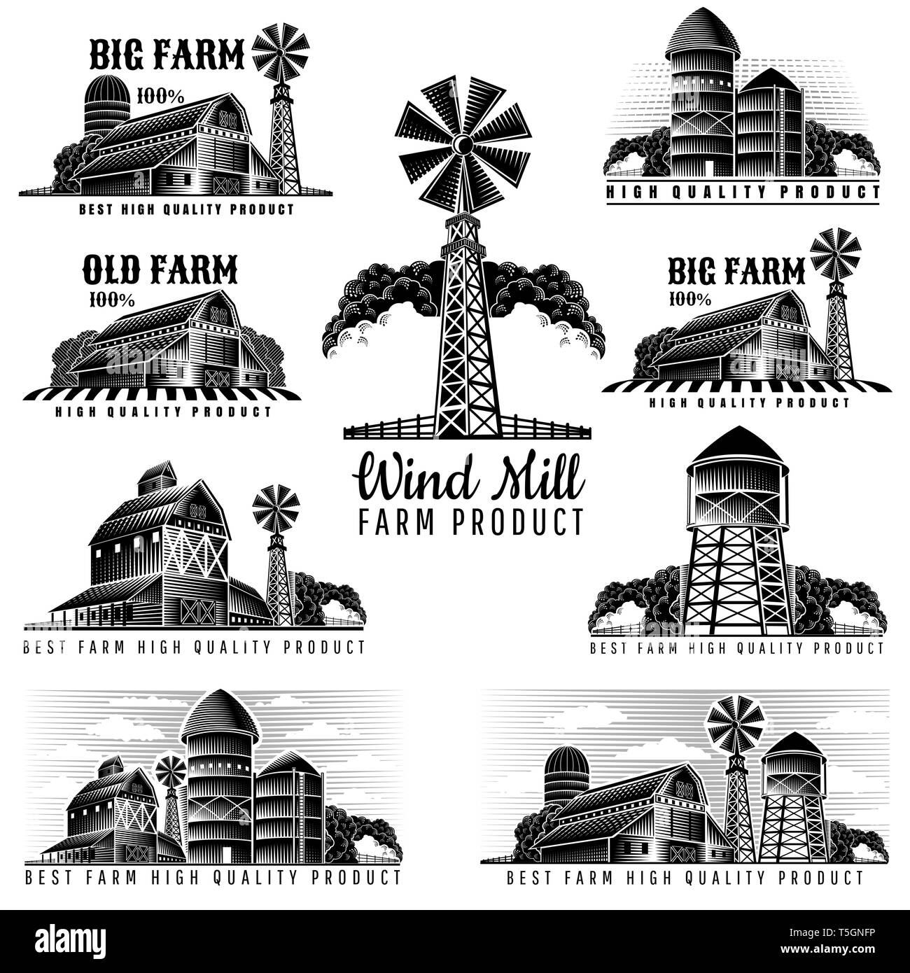 Ensemble de bâtiments de ferme, grange, tour d'eau, éolienne en style retro vintage label Illustration de Vecteur