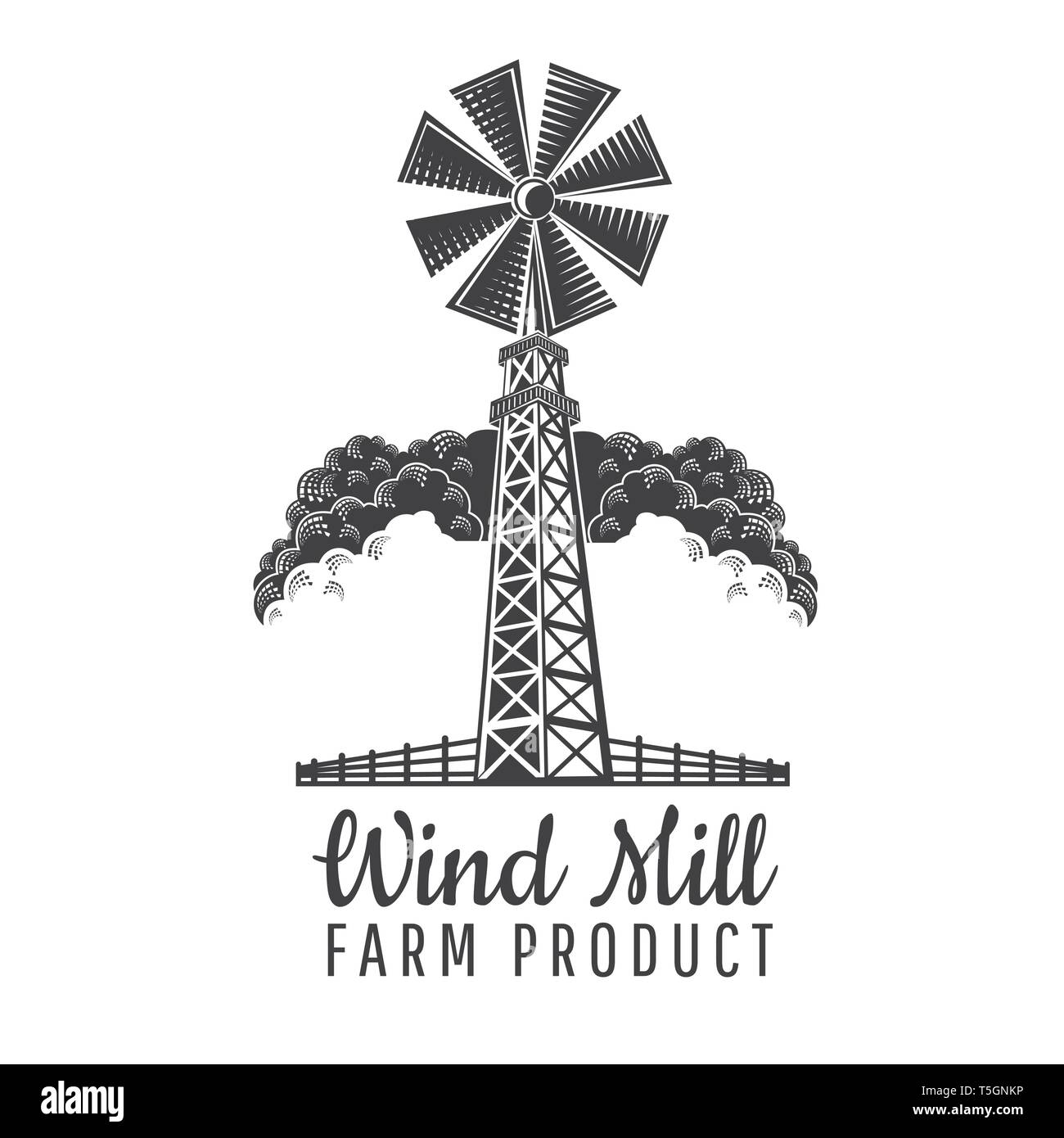 Moulin à vent vue de l'avant avec barrière sur nuages de fond isolé sur blanc. Logo pour les produits de la ferme dans leur gravure Illustration de Vecteur