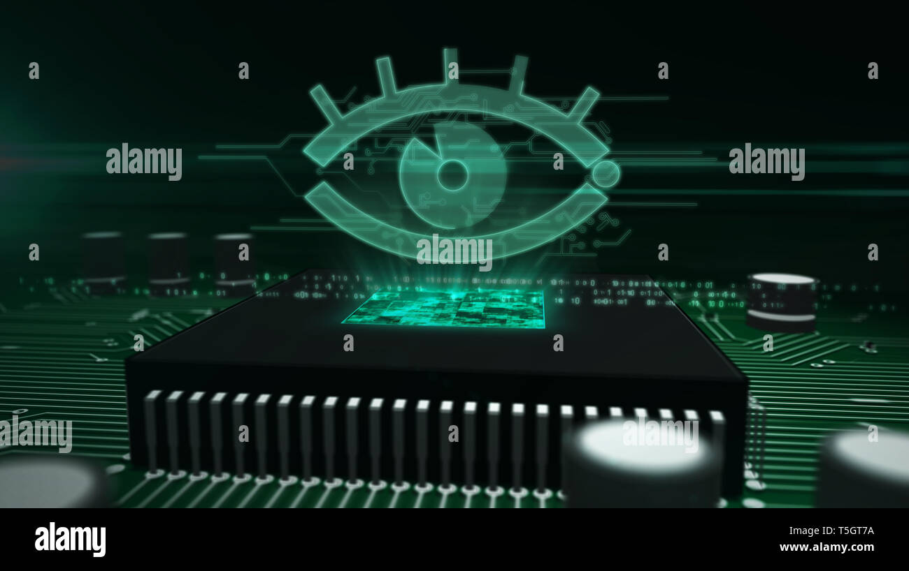 Surveillance Cyber concept avec spy eye hologramme sur cpu travail en arrière-plan. Circuit board 3d illustration. Notion d'espionnage, de la protection de la vie privée, de suivi s Banque D'Images