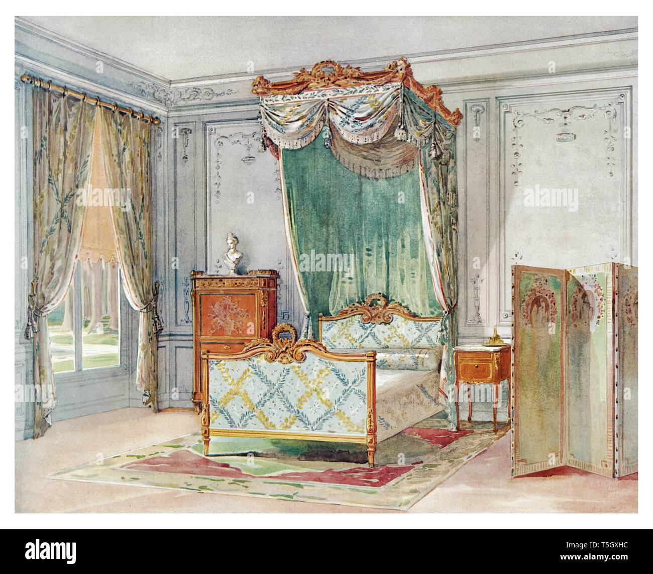 Chambre de style Louis XVI, peint en gris. Illustration de style Vintage 1905 Banque D'Images