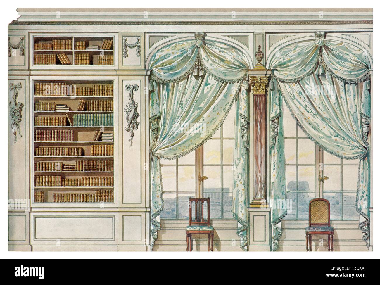 Bibliothèque de style Louis XVI, détail des fenêtres. Illustration de style Vintage 1905 Banque D'Images