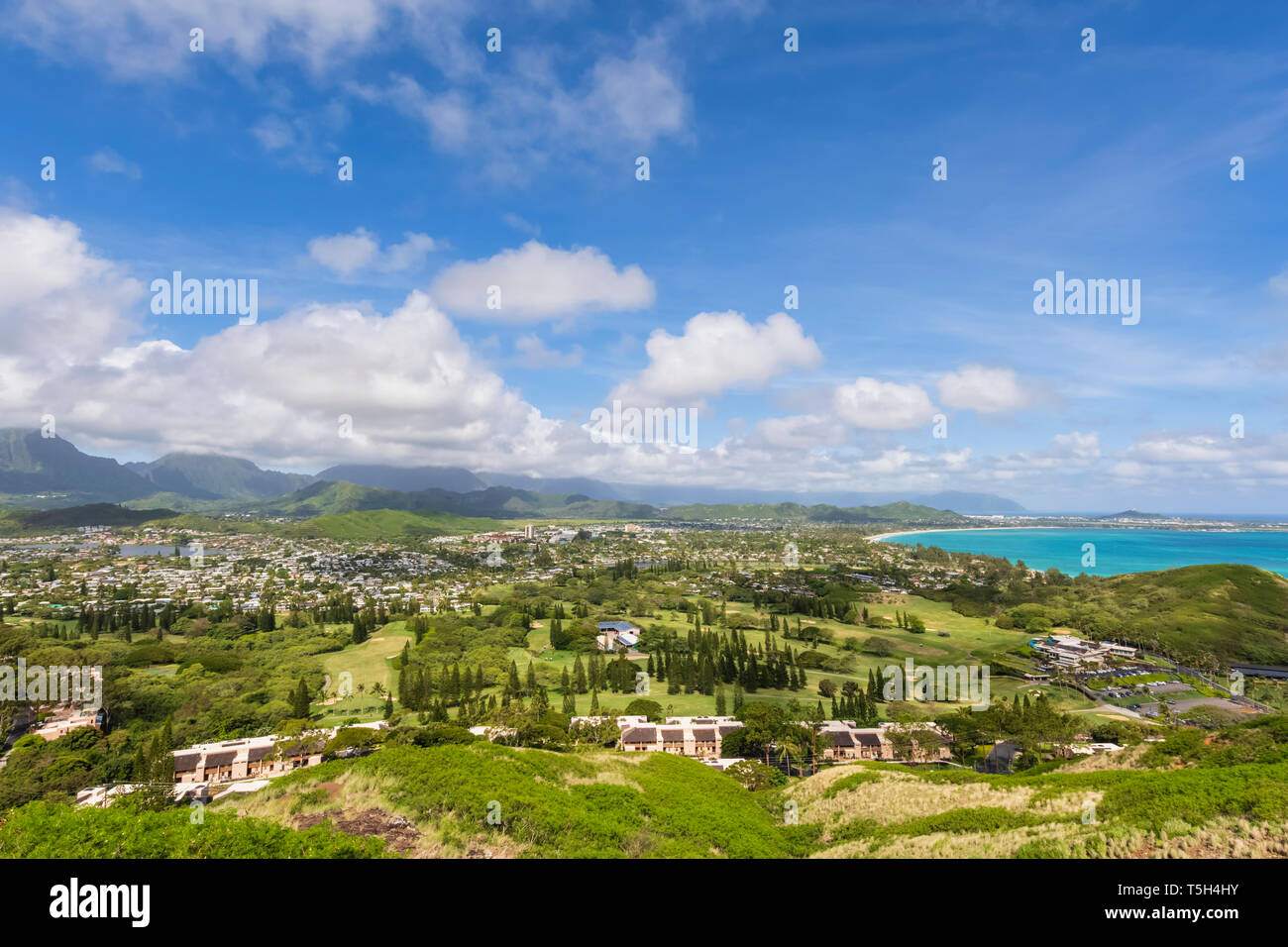 USA, Hawaii, Oahu, Kailua, vue à partir de la casemate Lanikai Sentier, sentier de Crête Kaiwa Banque D'Images