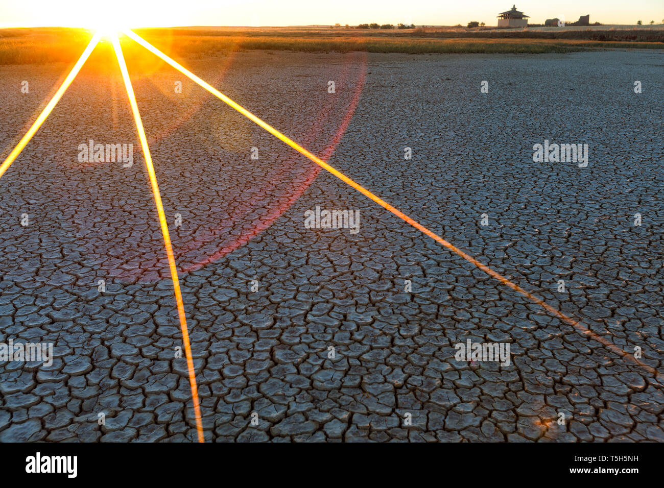L'Espagne, Reserva Natural de Lagunas de Villafafila séché, fond du lac au lever du soleil Banque D'Images