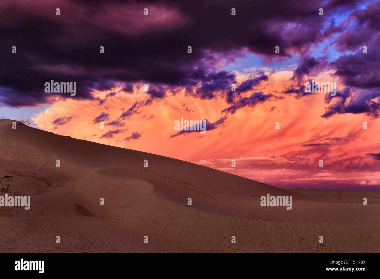 L'enfer-rouge nuages orageux dans le ciel au-dessus de dunes de sable déserte sur la côte australienne de l'océan Pacifique au cours de nuages au coucher du soleil. Banque D'Images