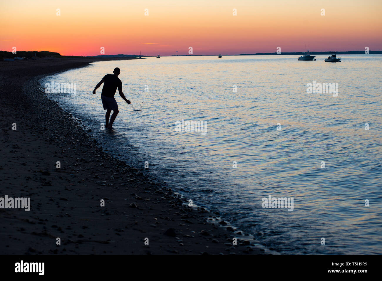 Man Skipping Stones sur une plage au coucher du soleil, Cape Cod Banque D'Images