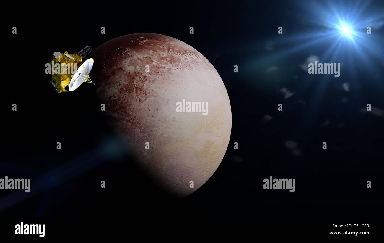 Des horizons nouveaux satellites en face de la planète naine Pluton Banque D'Images