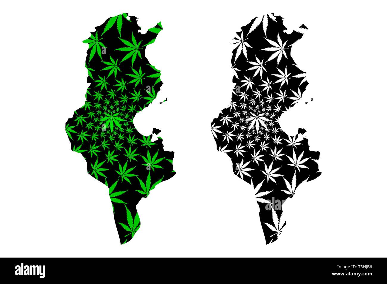 Tunisie - Carte feuille de cannabis est vert et noir, République de Tunisie carte de marijuana, THC) feuillage, Illustration de Vecteur