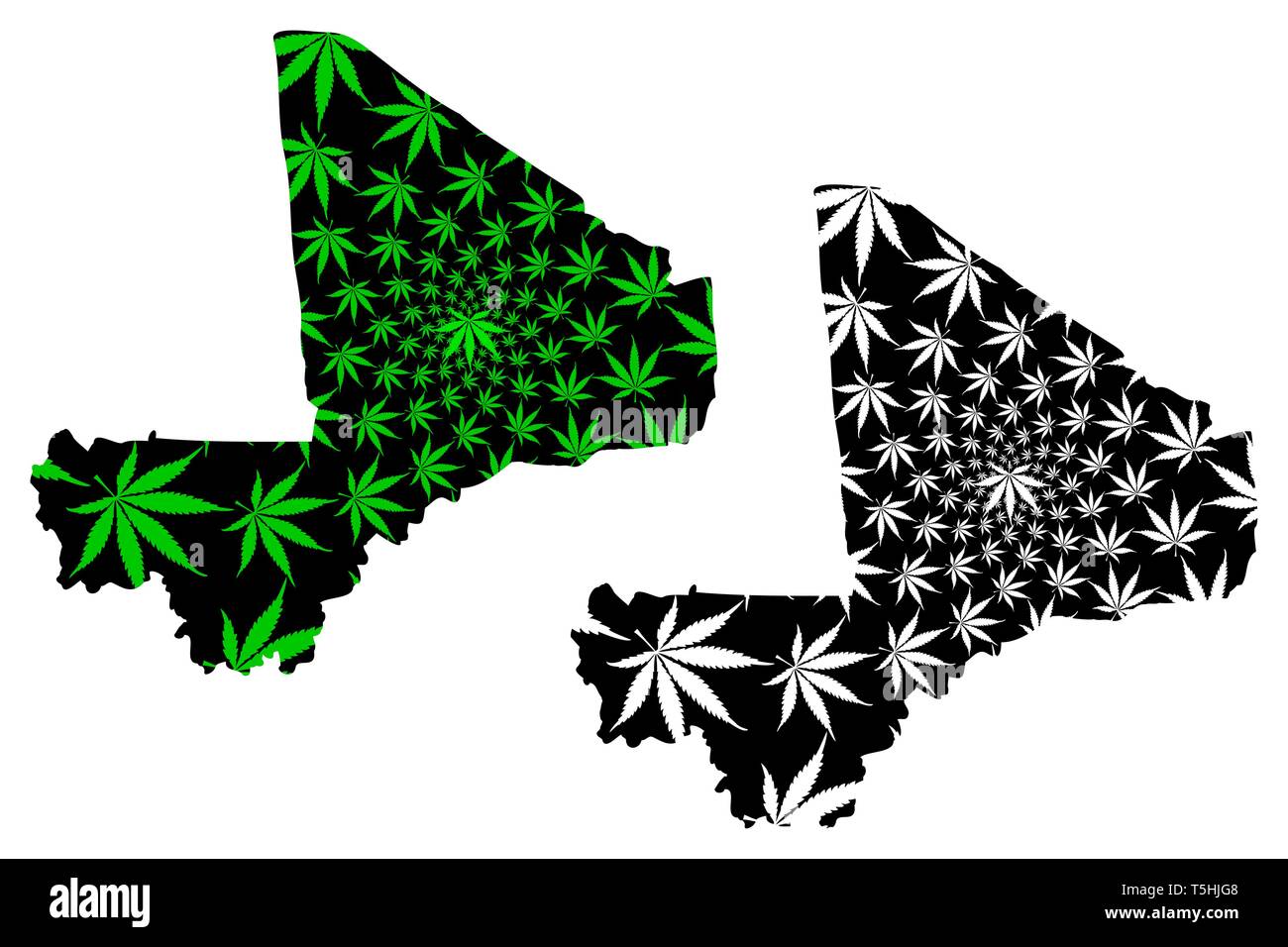 Mali - carte feuille de cannabis est vert et noir, République du Mali carte de marijuana, THC) feuillage, Illustration de Vecteur