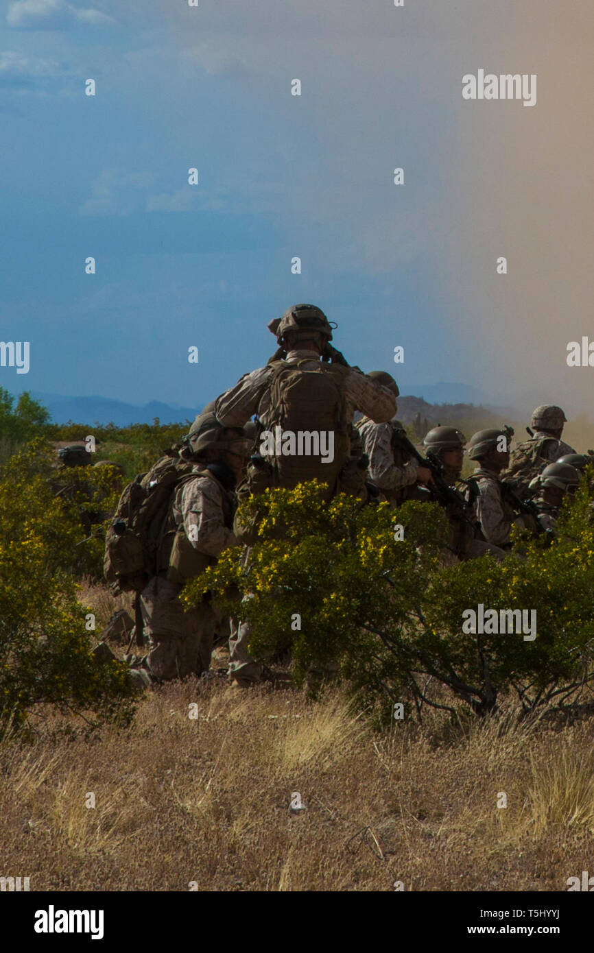 Les Marines américains avec la société Echo, 2e Bataillon, 8e Régiment de Marines, 2e Division de marines, de rassembler pour la responsabilisation au cours d'une Marine Expeditionary Unit exercise à l'appui d'armes et tactiques cours Instructeur (WTI) 2-19 à l'est l'Aérodrome de ligné, Yuma, Arizona, le 12 avril 2019. Le WTI est une formation de 7 semaines organisé par Marine Aviation armes et tactiques d'un escadron (MAWTS-1), qui met l'intégration opérationnelle des six fonctions de l'aviation du Corps des Marines à l'appui d'une masse d'Air Maritime Task Force. Le WTI fournit également une formation tactique avancé normalisés et de certification de l'unité i Banque D'Images