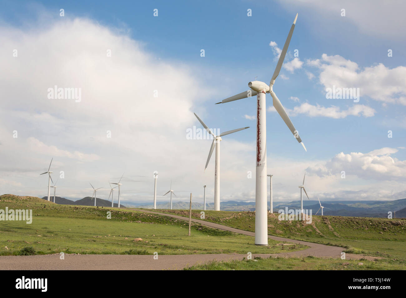 La ferme des moulins à vent modernes, la technologie de production d'énergie, la production d'électricité respectueuse de l'environnement Banque D'Images