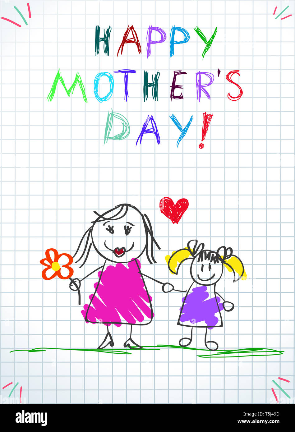 Heureux Le Jour De Meres D Enfants Dessins Au Crayon Colore De Fleurs Avec Maman Et Sa Fille Se Tenant La Main Sur Fond D Ordinateur Portable Au Carre Accueil Bebe Photo Stock
