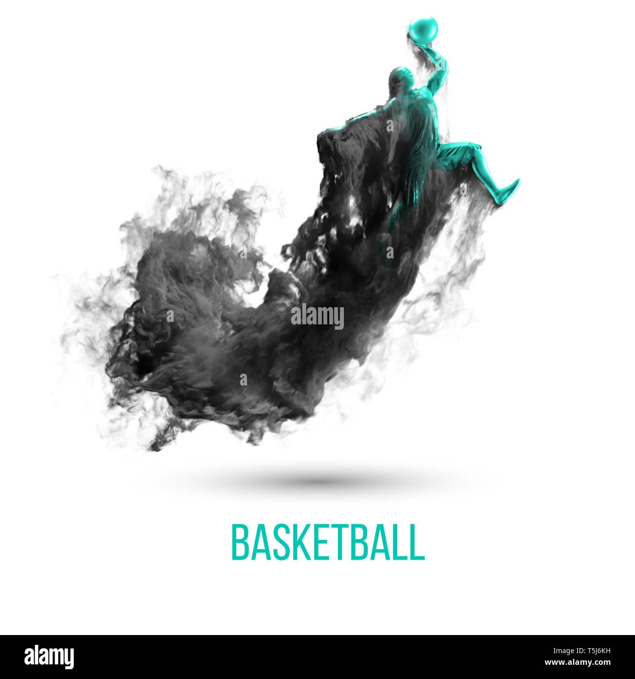 Silhouette abstraite d'un joueur de basket-ball sur fond blanc, isolée de la poussière, de la fumée, de la vapeur. Un joueur de basket-ball saute et joue au dunk. Banque D'Images