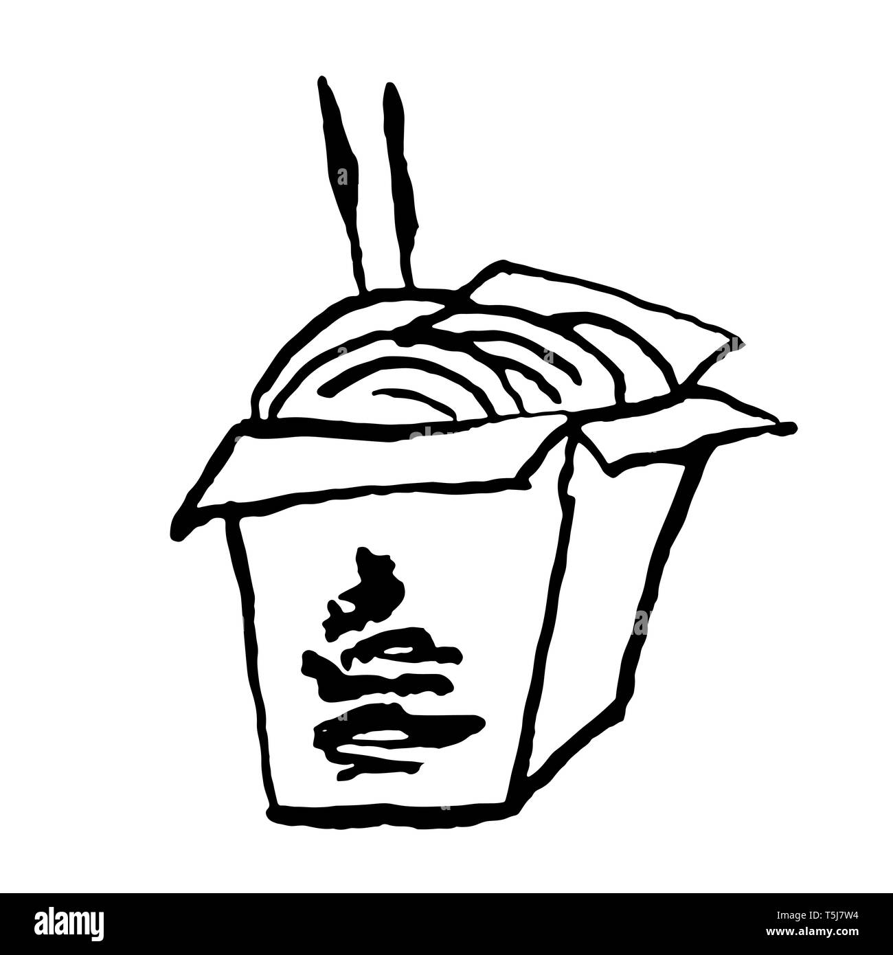 Dans l'icône de boîte de nouilles asiatiques. Pinceau encre grunge vector illustration. Télévision alimentaire illustration. Illustration de Vecteur