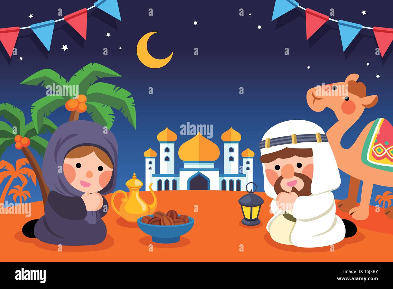 Cute musulmans prier ensemble en modèle plat Illustration de Vecteur