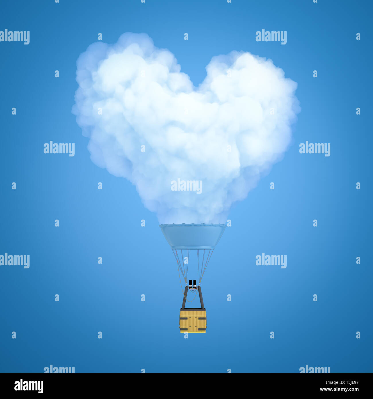 De rendu 3D hot air balloon avec nuage de fumée en forme de coeur au lieu de ballon sur fond bleu Banque D'Images
