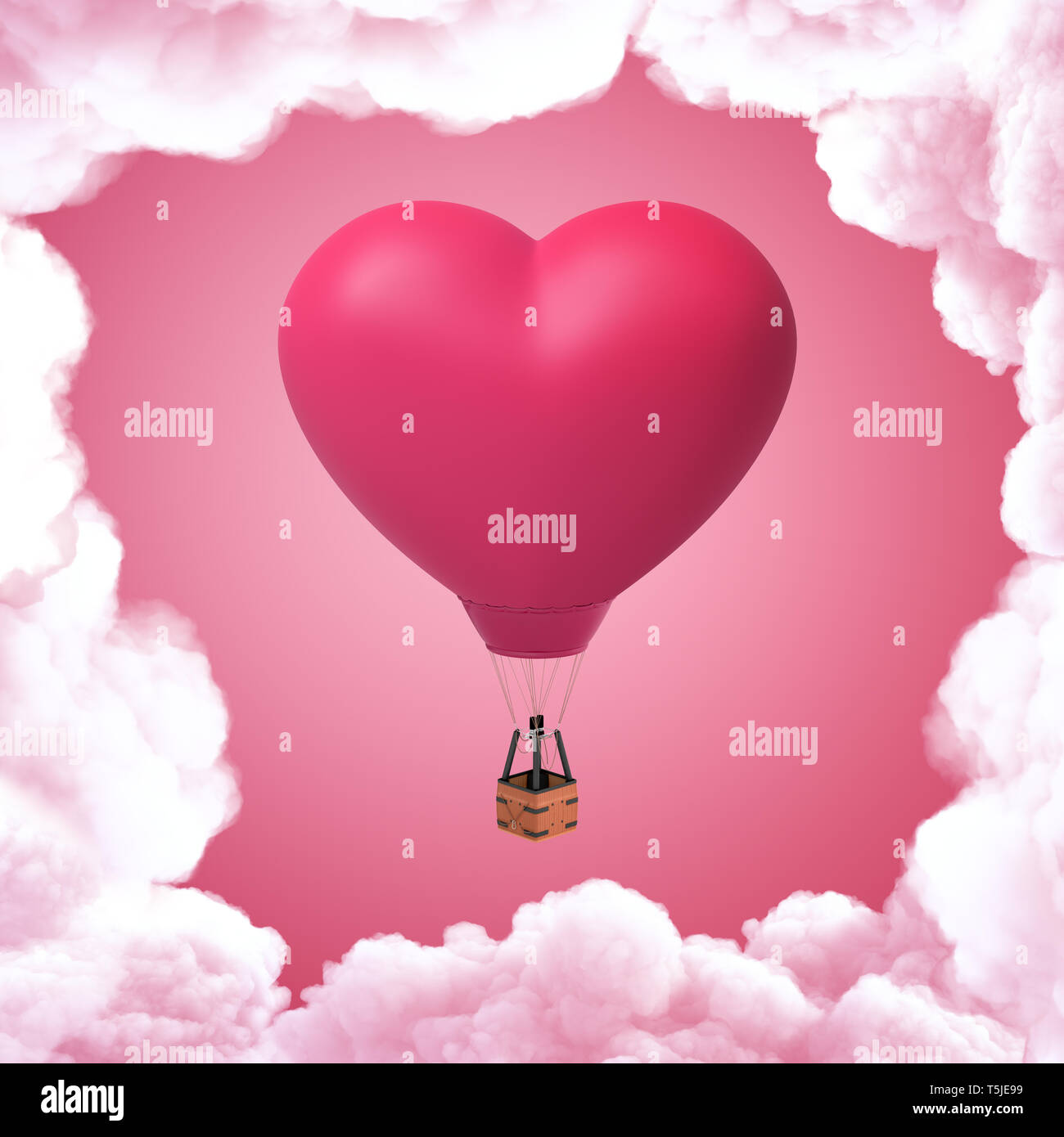 De rendu 3D en forme de coeur rose hot air balloon avec des nuages blancs sur fond rose Banque D'Images