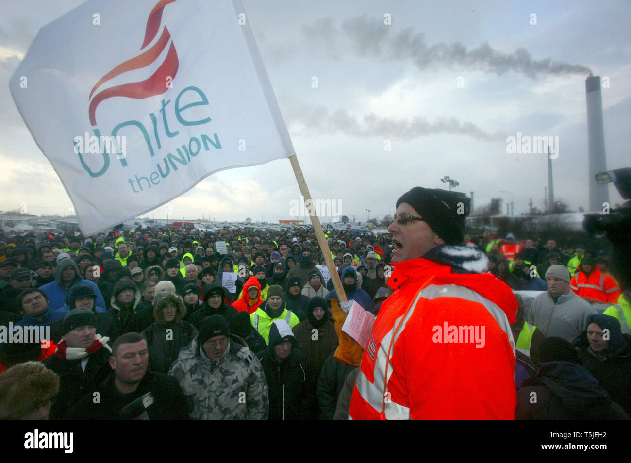 Des grèves sauvages à la raffinerie de pétrole de Lindsey en protestation de l'emploi accordée aux travailleurs étrangers. Immingham, Lincolnshire. 2.2.09 Banque D'Images
