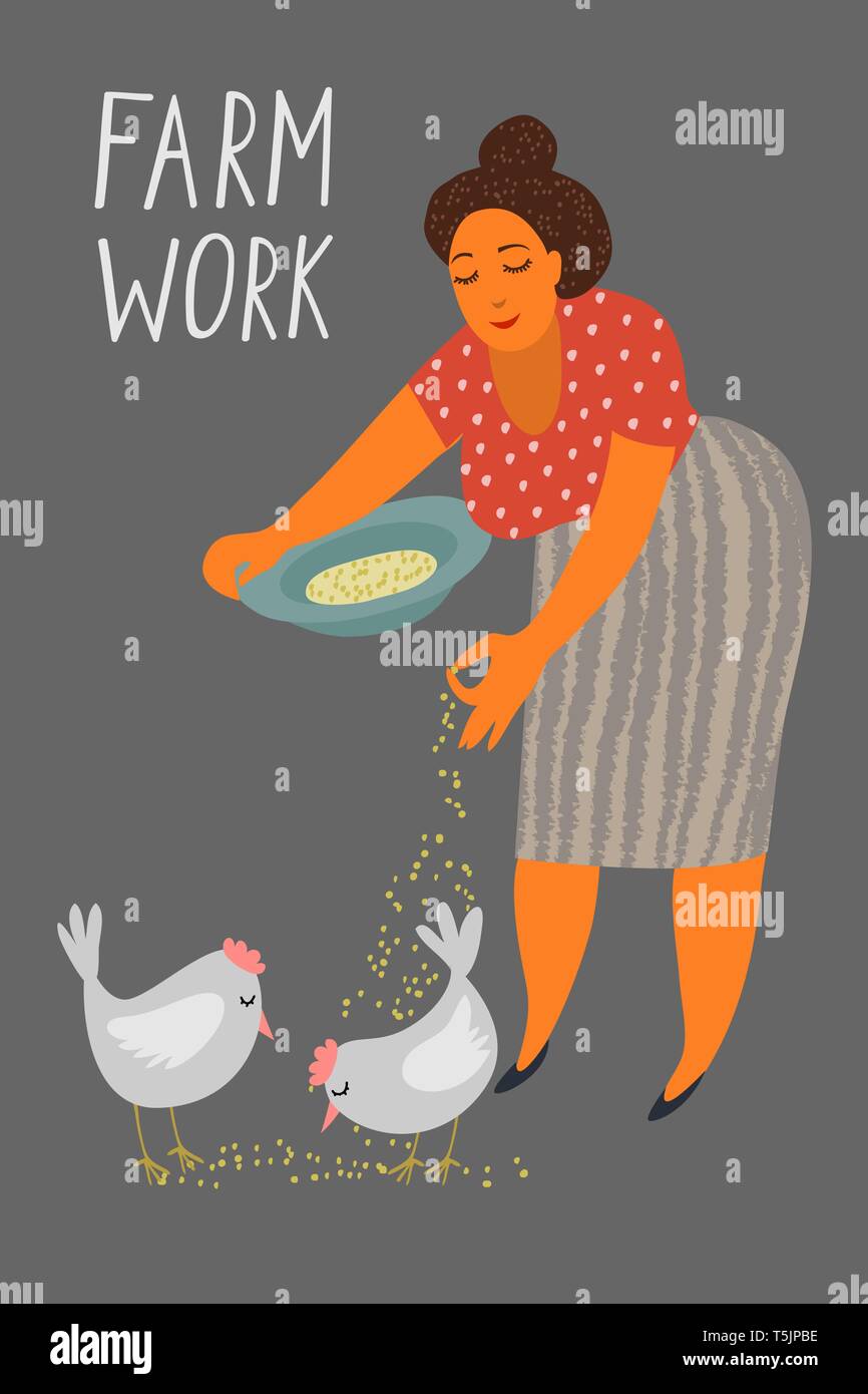 Woman feeding chickens, agricultrice en prenant soin d'animal de ferme, vecteur de volailles reproductrices Illustration de Vecteur