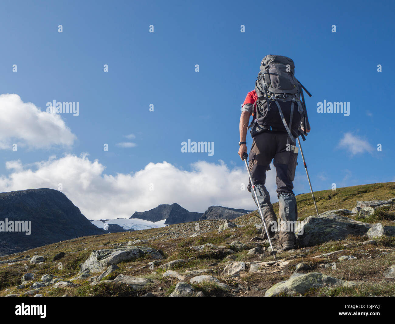 Jamtland, la Suède, l'homme avec sac à dos en randonnée dans Jamtlandsfjallet Banque D'Images