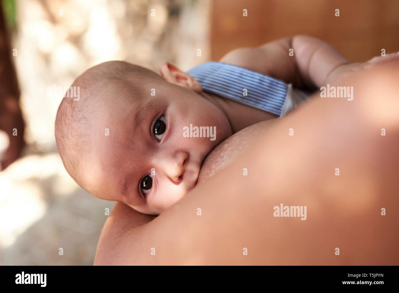 Mère d'allaiter son bébé en plein air Banque D'Images