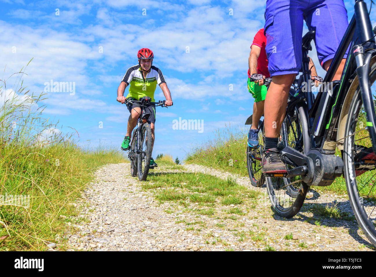 Un groupe de cyclistes en tournée avec pedelcs dans la nature Banque D'Images