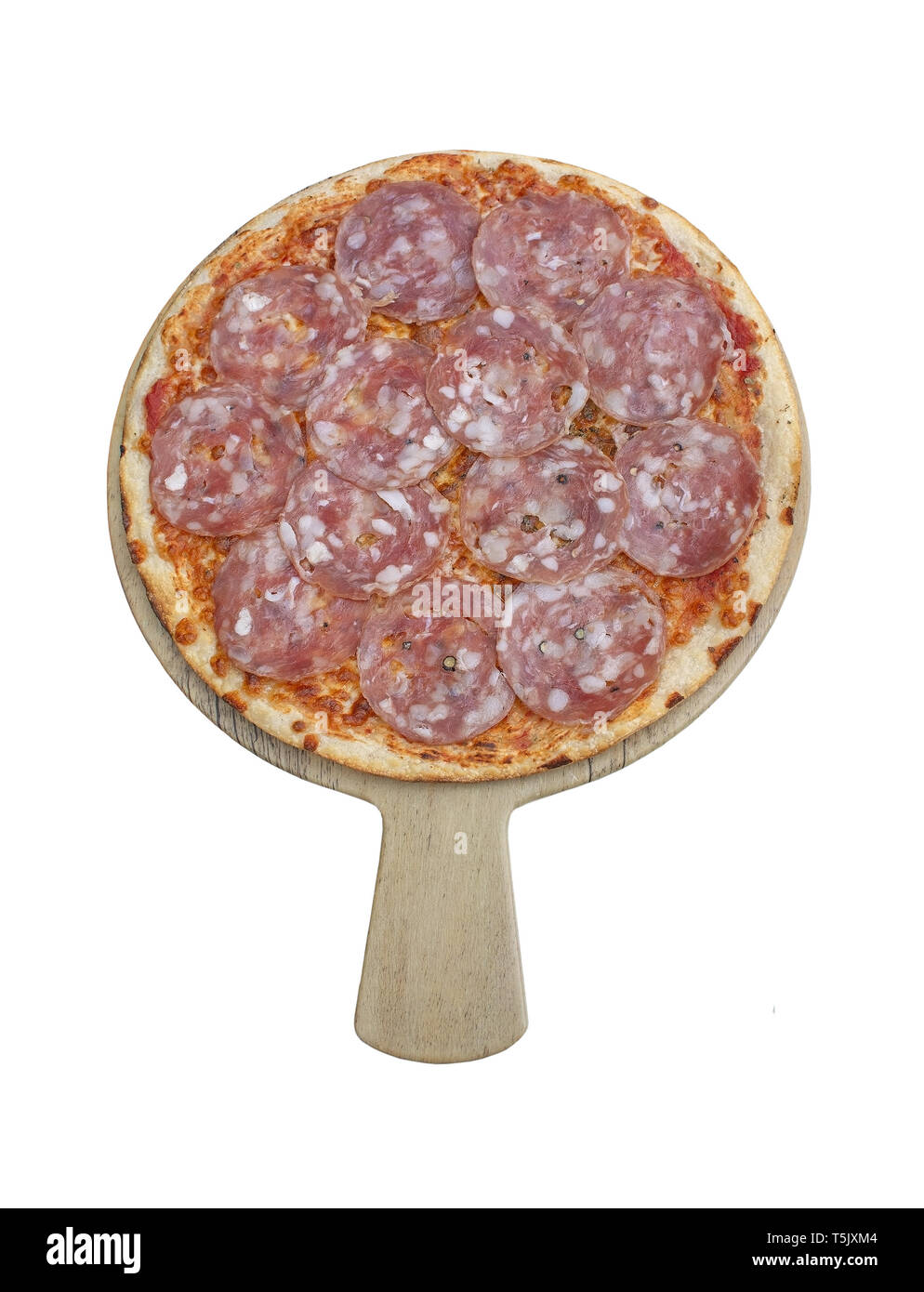 Pizza au salami sur plaque de bois télévision pondre de au-dessus de style rustique. Banque D'Images