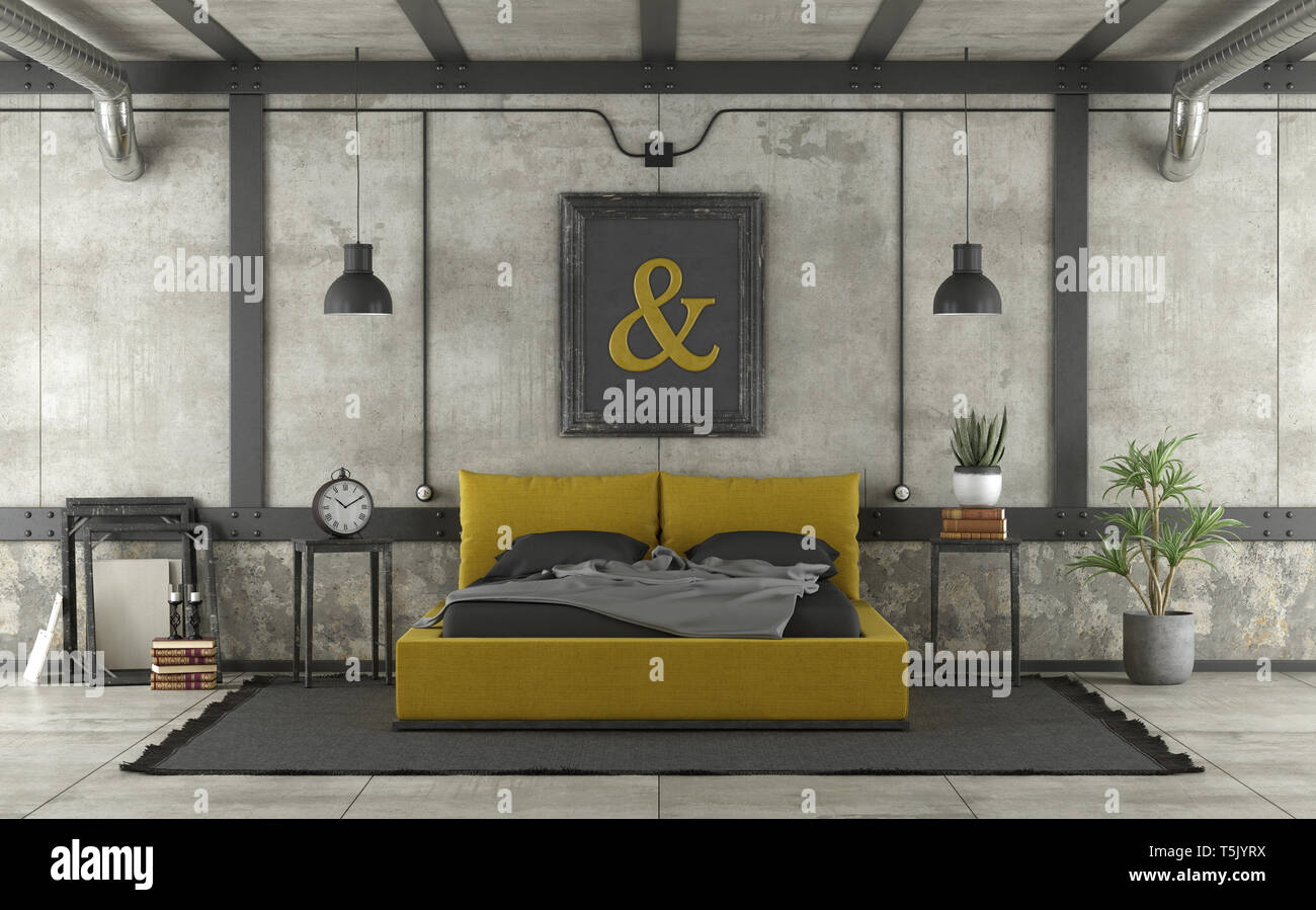 Noir et jaune lit double en mezzanine avec mur de béton et de fer - éléments de rendu 3D Banque D'Images