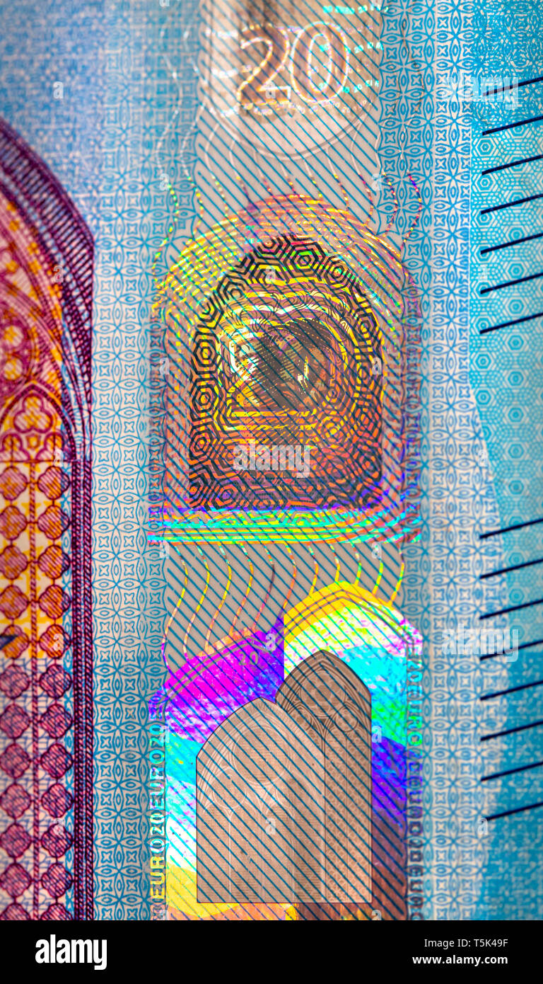 Vingt euro bank note avec hologramme de sécurité close up detail Banque D'Images