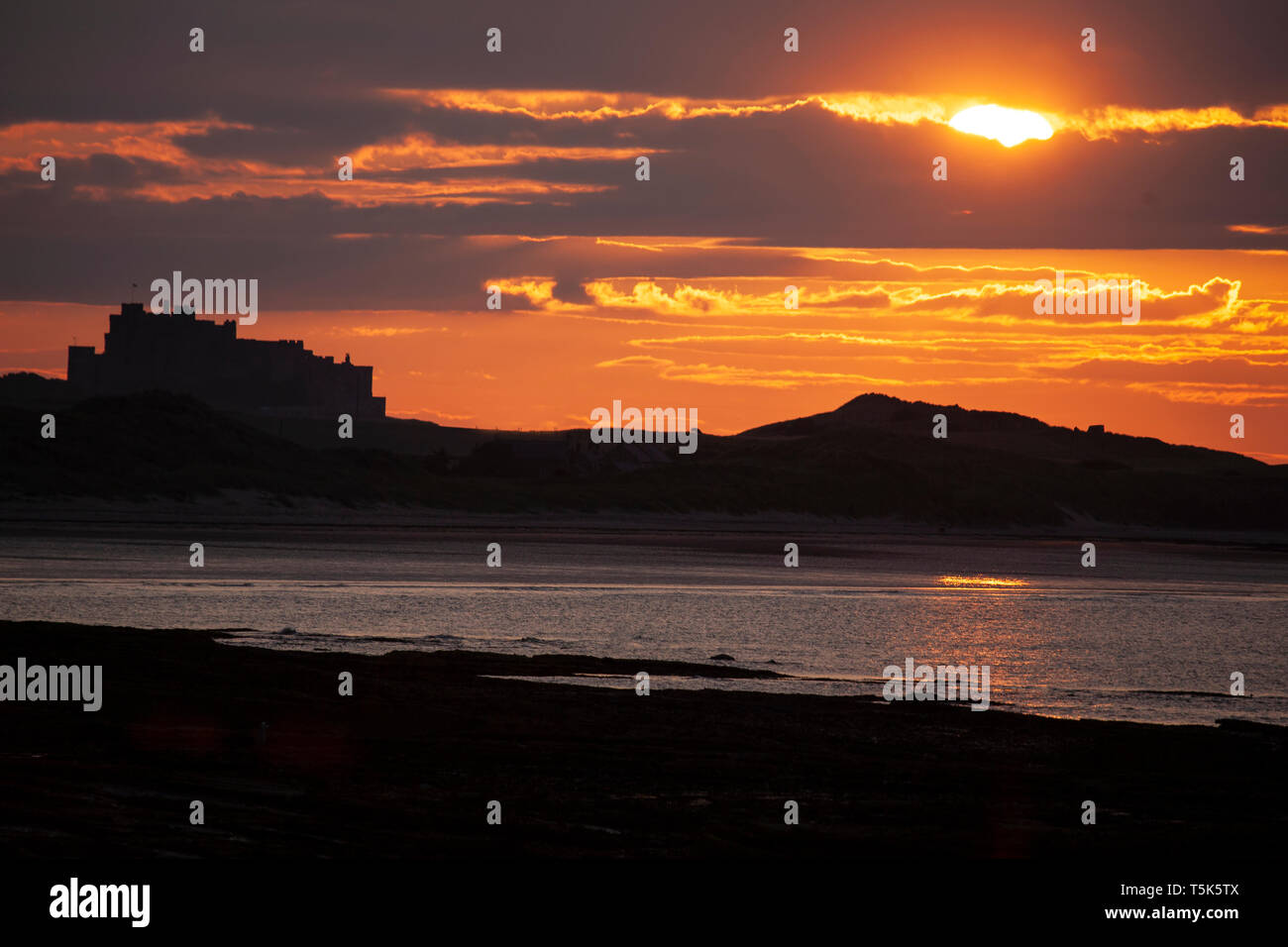 Château de Bamburgh sur la côte nord-est de l'Angleterre silhouetté contre un coucher de soleil colorés sur une soirée d'été. Banque D'Images