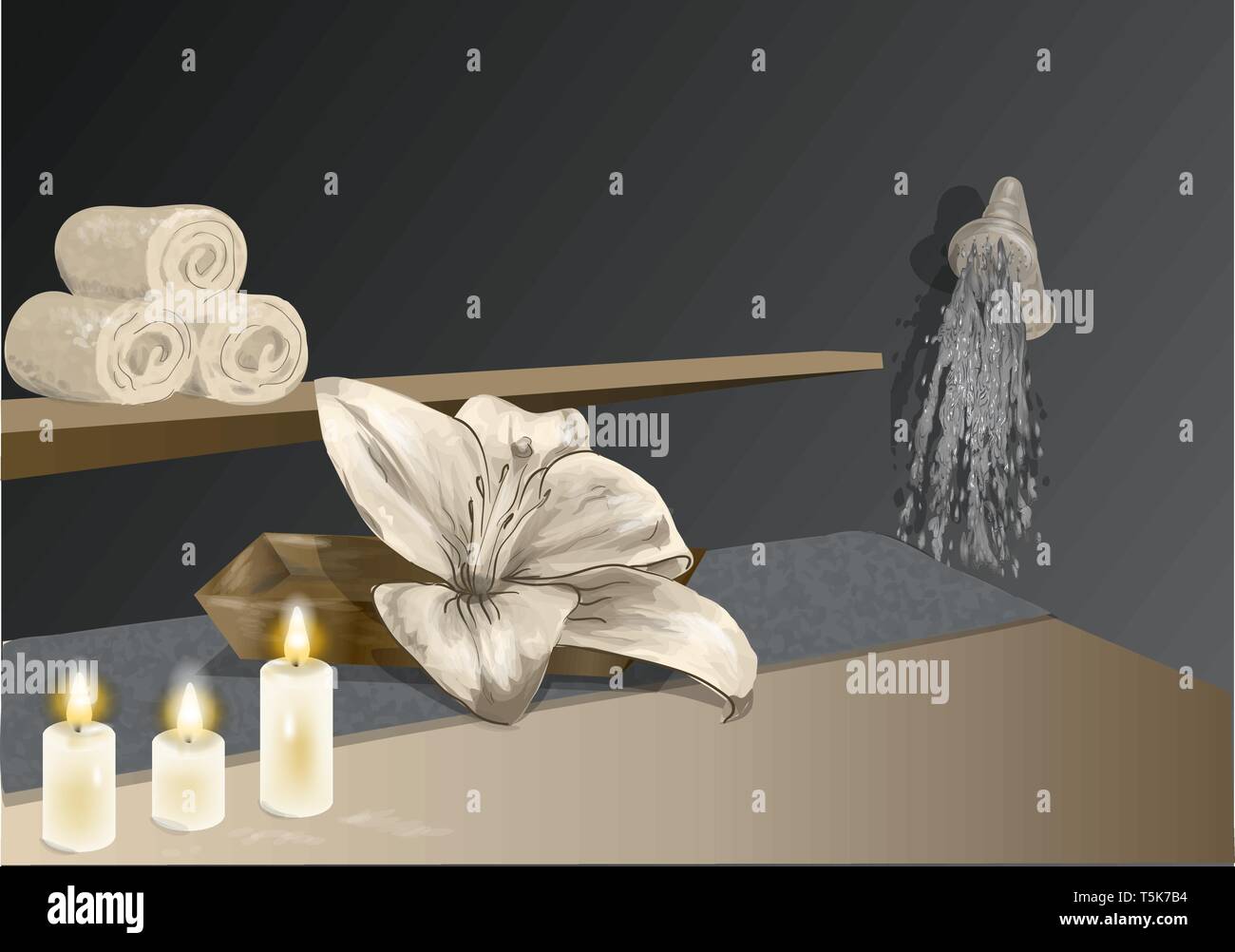 Spa avec douche, bougie et des fleurs. Illustration de Vecteur