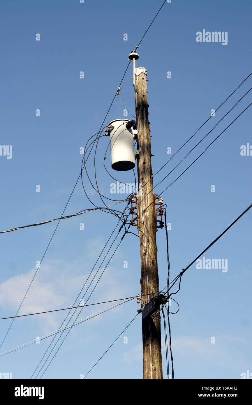 Poteau en bois avec des fils électriques et transformateurs sur poteau Banque D'Images