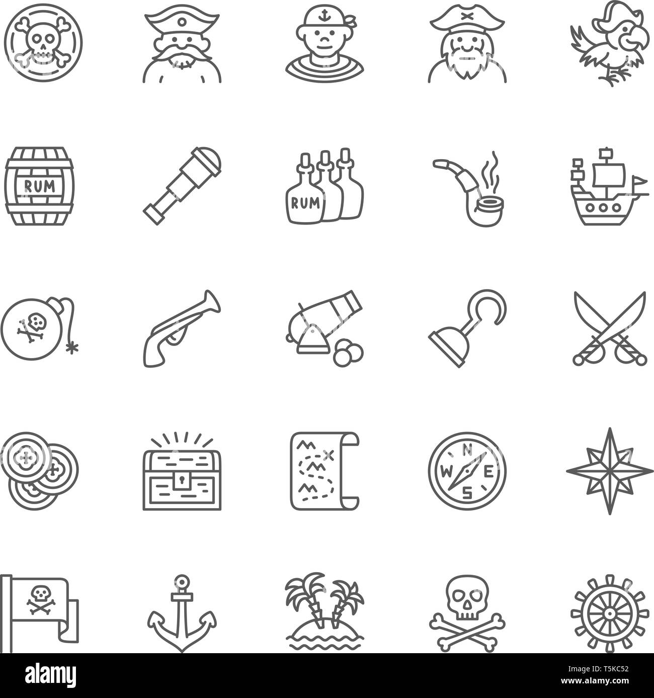 Ensemble d'icônes de ligne de pirates. Marin, maître d'équipage, le capitaine, perroquet, bateau et plus encore. Illustration de Vecteur