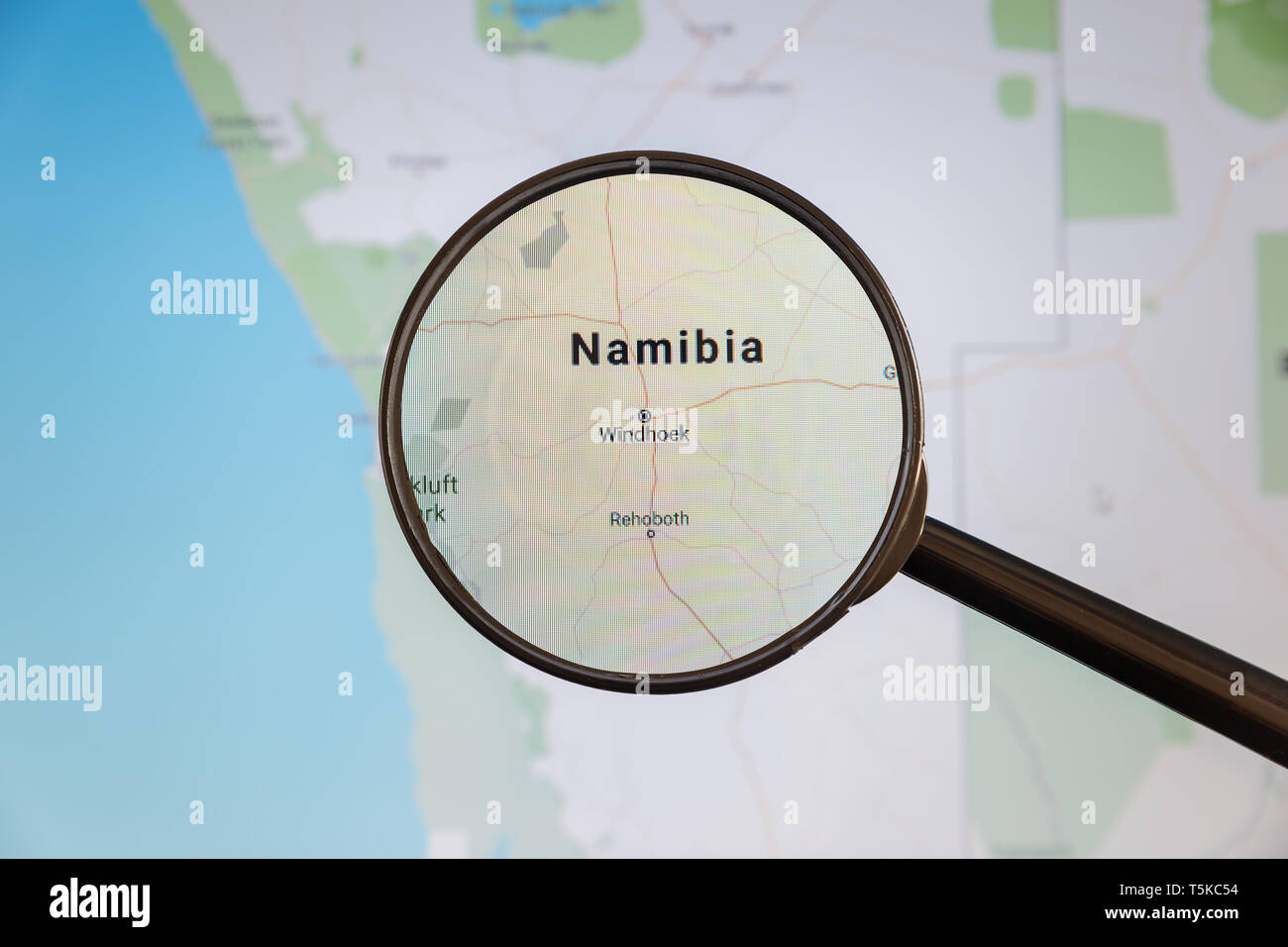 Windhoek, Namibie. Une carte politique. Concept d'illustration de visualisation de la ville sur l'écran grâce à une loupe. Banque D'Images