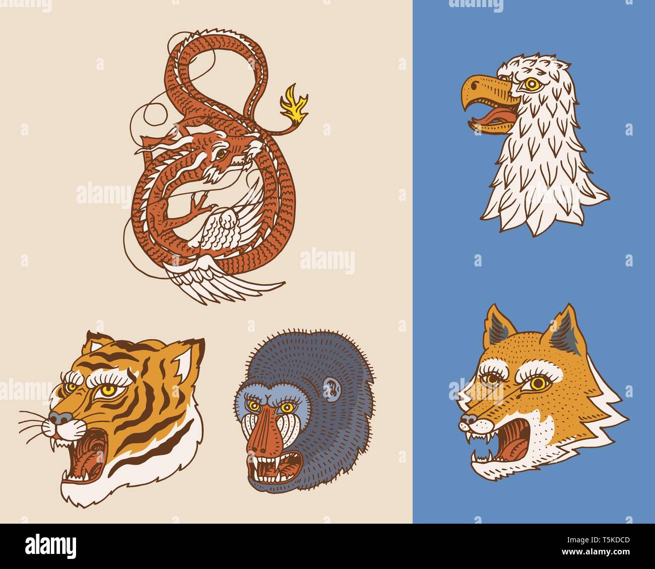 Vintage des têtes d'animaux. Logo pour t-shirt. Wild Asian Tiger, Dragon chinois, Fox, Falcon, singe. Traduction Le nom de la Mythologie Japonaise Illustration de Vecteur