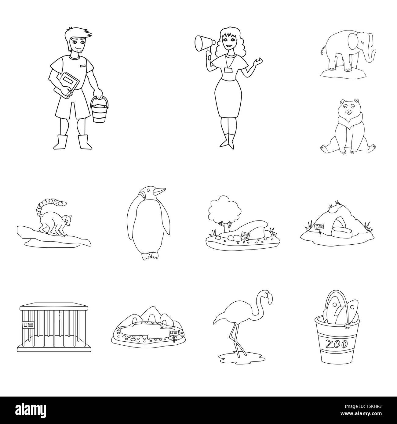 Zookeeper,ours,l'éléphant,lemur,penguin,arbres,cave,cell,lac,flamingo godet,,homme,femme,mignon,brun,monkey,blanc,sable,vide,piscine,rose,poisson,Afrique,gardien,sommeil,tropical,nord,monticule,animation,zoo,parc safari,animal,nature,faune,flore,fun,set,icône,,illustration,collection,isolé,design,graphisme,élément signe,ligne,plan,vecteurs vecteur , Illustration de Vecteur